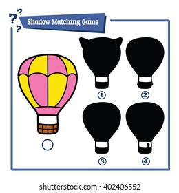 educational kids shadow game. Vector illustration of shadow educational kids matching game with cartoon hot air balloon for children