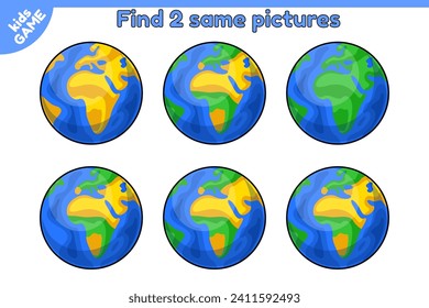 Educational kids space game. Find 2 same planet Earth. Worksheet for preschool and school education children. Cartoon planet of Solar system. Page of activity book. Puzzle for child. Isolated vector.