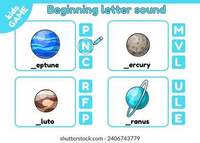 Educational kids space game. Worksheet for learning English. Choose beginning letter of the words. Task for education children. Spelling training names planets. Neptune, Mercury, Pluto, Uranus. Vector