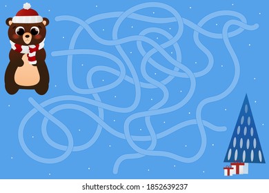 Educational labyrinth game for children, help bear character to find way to christmas tree and gifts, path riddle, illustration in cartoon style for books