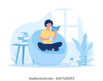 Educational learning  female students reading books and drinking coffee in the study room trending concept flat illustration
