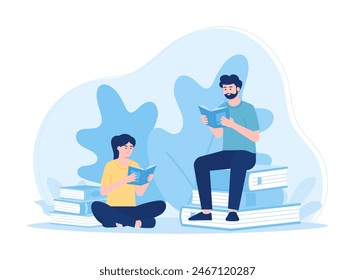 Educational learning  students and schoolgirls study and prepare for exams in the library trending concept flat illustration