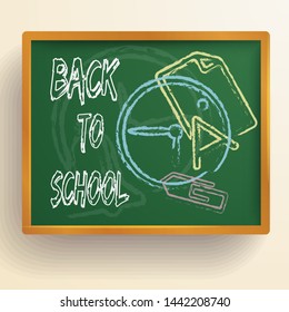 Educational learning template with hand drawn note clock and clip on green chalkboard isolated vector illustration