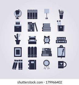 Educational, library, studying and some shelf decoration icons set