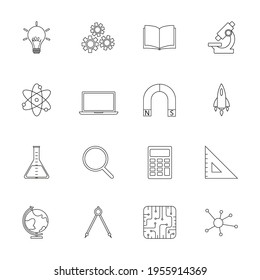 Lineare Bildsymbole gesetzt. STEM-Ausbildung: Technik, Ingenieurwesen, Mathematik. Symbole für Website-Design, Anwendung, Logo, Benutzeroberfläche. Vektorgrafik.