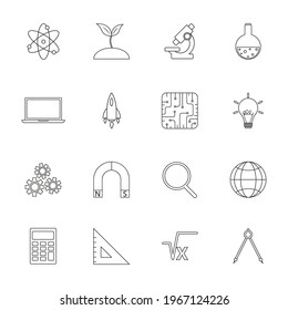 Educational linear icons set. STEM education: science, technology, engineering, mathematics. Icons for website design, application, logo, user interface. Vector illustration.