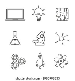 Educational linear icons set. STEM education: science, technology, engineering, mathematics. Icons for website design, application, logo, user interface. Vector illustration.