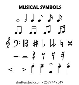 Educational list with musical symbols isolated on white background.