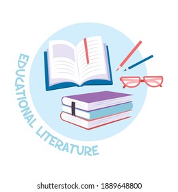 Educational literature flat concept with books pencils glasses vector illustration