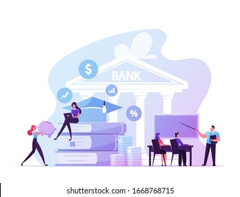 Educational Loan, Investment In Education Concept. Student Characters Take Debt In Bank For Studying In University, Scholarship Credit. People At Huge Books Pile And Coins. Cartoon Vector Illustration