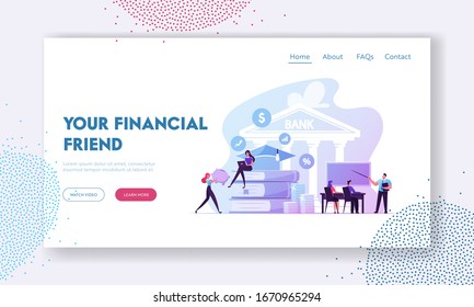 Educational Loan, Investment in Education Landing Page Template. Student Characters Take Debt in Bank for Studying in University, Tiny People at Huge Books Pile and Coins. Cartoon Vector Illustration