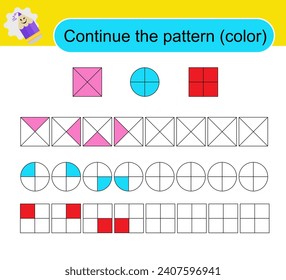 Educational logic game for children. Color the shapes to continue patterns. Activity page for preschoolers.