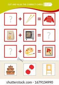 Educational logic game for children. Cut and glue the correct cards. 