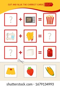 Educational logic game for children. Cut and glue the correct cards. 