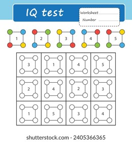 Educational logic game for children. iq game. Color according to the sample. Geometric figure. Printable Worksheet