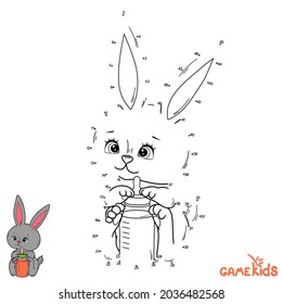 An educational logic game for children. Vector illustration. Connect the points with a line in order. A toy rabbit with a bottle of juice