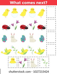 Educational logic game for children. What comes next? Spring theme, Easter. Funny cartoon characters, chickens, ladybug, rabbit, bird and flowers. Vector illustration