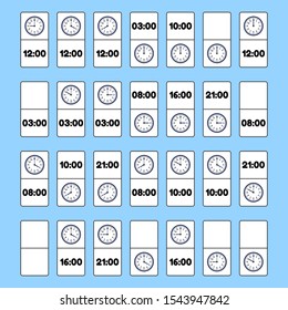 Educational logic game for kids. Board game domino. What time is it? Round watch. Vector illustration.