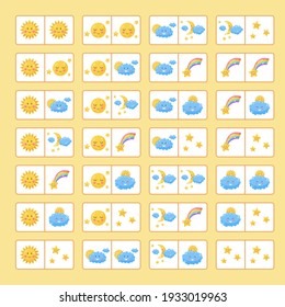 Juego de lógica educativa para niños. Domino de juego de mesa. Ilustración vectorial.