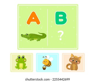 Educational logic game for kids. Children's alphabet education. Development of logic iq. Visual intelligence, mind games. Vector illustration.