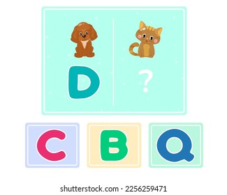 Juego de lógica educativa para niños. Educación alfabética infantil. Desarrollo del iq lógico. Inteligencia visual, juegos mentales. Ilustración vectorial.