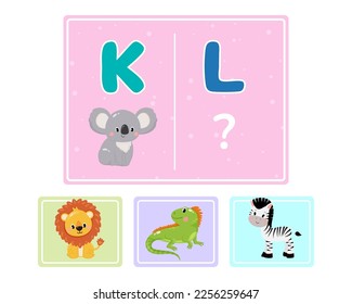 Educational logic game for kids. Children's alphabet education. Development of logic iq. Visual intelligence, mind games. Vector illustration.