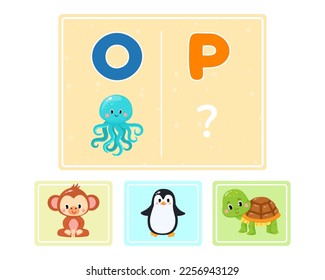 Educational logic game for kids. Children's alphabet education. Development of logic iq. Visual intelligence, mind games. Vector illustration.