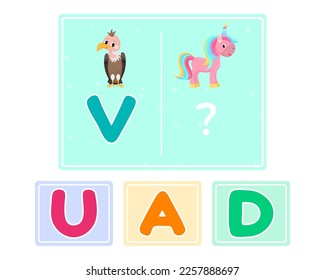 Educational logic game for kids. Children's alphabet education. Development of logic iq. Visual intelligence, mind games. Vector illustration.