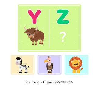 Educational logic game for kids. Children's alphabet education. Development of logic iq. Visual intelligence, mind games. Vector illustration.