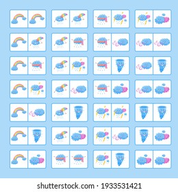 Educational logic game for kids. domino Board game. Cute weather vector illustration.