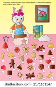 Educational logic game for preschool children. Find and match even and odd cookies. Preschool worksheet activity. Funny riddle fun for kids. Vector illustration