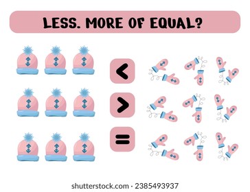 Juego de lógica educativa para niños de preescolar. Elija la respuesta correcta. Más, menos o igual a ropa de invierno. Ilustración del vector aislada en fondo blanco