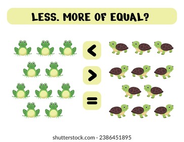 Educational logic game for preschool children. Choose the correct answer. Greater than, less than or equal to a frog and a turtle. Vector illustration isolated on white background