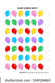 Educational logic game training sequential pattern recognition skills with colorful balloons: What comes next in the sequence? Answer included.