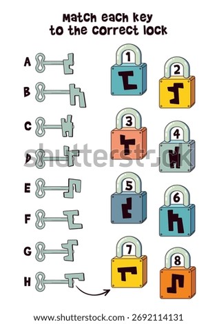 Educational logic puzzle for kids. Match each key with the correct lock by shape. Fun activity to develop attention and thinking skills for children. Spot it. Isolated on white