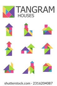 Educational logica kids game. Tangram. Puzzle. Printable worksheet for kids brain teaser book. Development of children spatial thinking skills. Vector illustration.