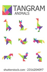 Educational logica kids game. Tangram. Puzzle. Printable worksheet for kids brain teaser book. Development of children spatial thinking skills. Vector illustration.