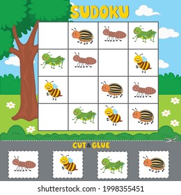 Educational logical game for children with funny insects. Sudoku. Vector illustration. Printable worksheet. 