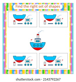 Educational logical game for children. Need to find the correct set of shapes. Educational material. Preschool worksheet activity.
