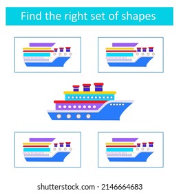 Educational logical game for children. Need to find the correct set of shapes. Educational material. Preschool worksheet activity.