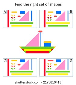 Educational logical game for kids. Find the right set of geometric shapes. Preschool worksheet activity. Vector illustration. 