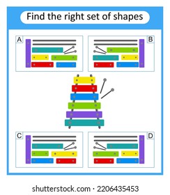 Educational logical game for kids. Find the right set of geometric shapes. Preschool worksheet activity. Vector illustration.