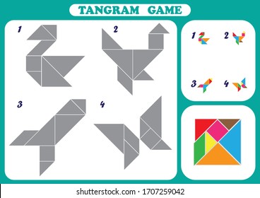 Educational logical game for kids, geometric shapes, worksheet activity, Development of children spatial thinking skills, Tangram set,