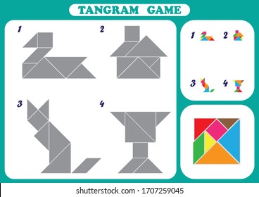 Educational logical game for kids, geometric shapes, worksheet activity, Development of children spatial thinking skills, Tangram set,