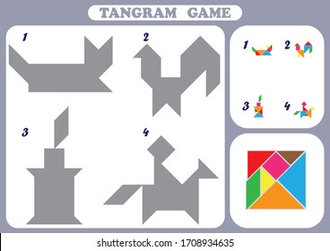 Educational logical game for kids, geometric shapes, worksheet activity, Development of children spatial thinking skills, Tangram set,