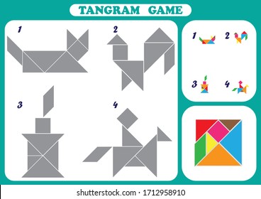 Educational logical game for kids, geometric shapes, worksheet activity, Development of children spatial thinking skills, Tangram set,