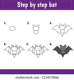 Educational logical game for kids. Step by step drawing sheets. Activity page for children. Bat