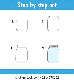 Educational logical game for kids. Step by step drawing sheets. Activity page for children. Pot