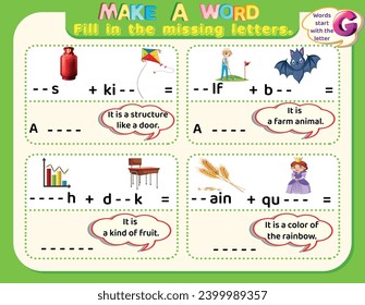 Educational logical worksheet for kids: make new words that start with the letter G to study English. Printable kids activity worksheet.Spelling puzzle game for kids. Fill in the missing letter. 