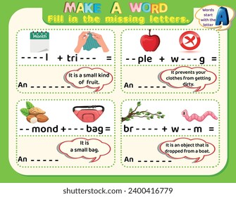 Educational logical worksheet for kids: make new words that start with the letter A to study English. Printable kids spelling activity worksheet. 